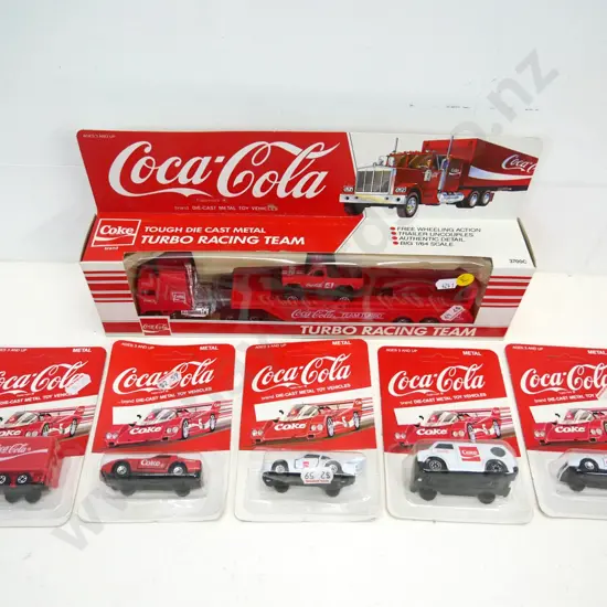 Coca-Cola branded die-cast model vehicles - large race team transporter and 5 small carded