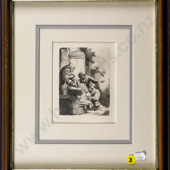 framed reproduction etching - people at door H-100 W-80