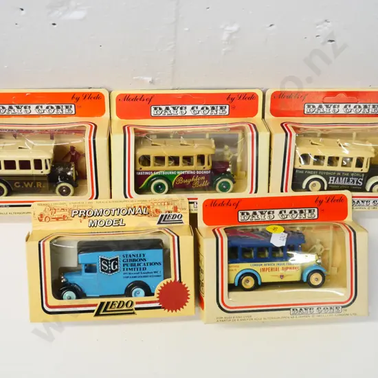 5 boxed Lledo 'Models of Days Gone' die cast vehicles - vintage delivery van & buses, with tiny people figures