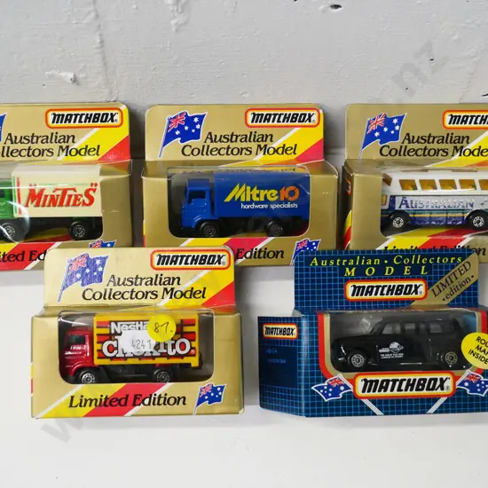 5 boxed Matchbox Australian Collector's limited edition die cast vehicles - delivery trucks, bus, taxi cab