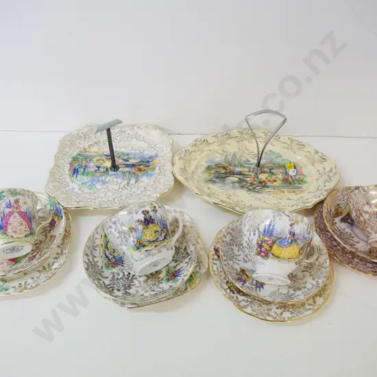crinoline lady items - 4 trios (3 Colclough, 1 Queen Anne) and 2 handled cake plates - Lancaster & Sandland