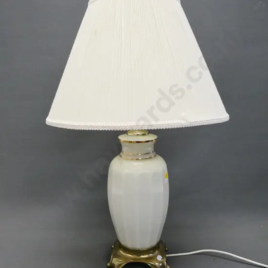 milk glass and brass table lamp - some wear to pleated shade H-730 Shade diameter 440