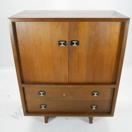 mid-century Scandinavian teak chest w/2 lower & 5 internal drawers, metal drop handles, wear to veneer on top