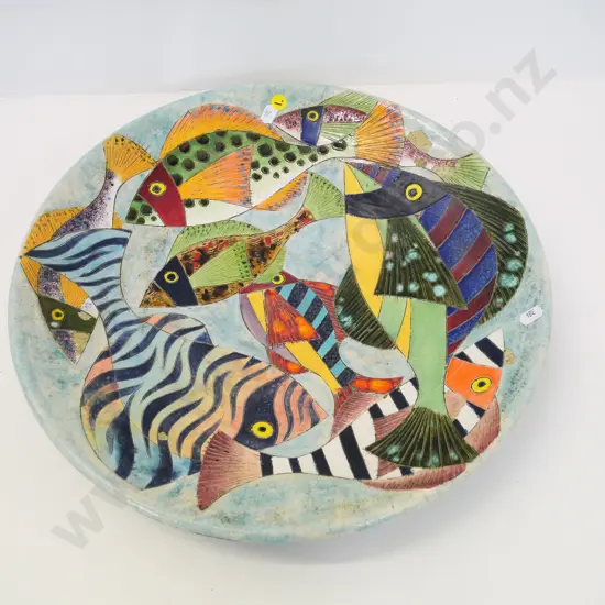 Zeke Wolf studio pottery fish pattern bowl marked ZW '93 - some glaze loss & crazing Diameter 400