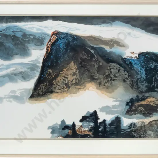 framed oriental watercolour - mountain village scene H-440 W-650