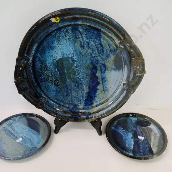 3 pieces studio pottery - unknown marks - handled platter Diameter 355 and 2 plates