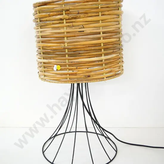 retro table lamp with wrought iron base and woven cane shade H-545 Diameter 300