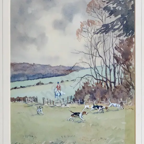framed watercolour - rider and hounds  H-210 W-160