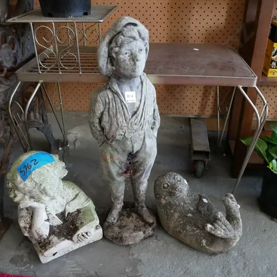 3x concrete garden ornaments; girl, boy, seal Tallest H-620