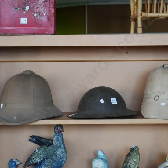 2x pith helmets, metal infantry helmet