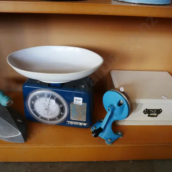 kitchen scales, vintage iron, bean slicer, small single drawer cabinet