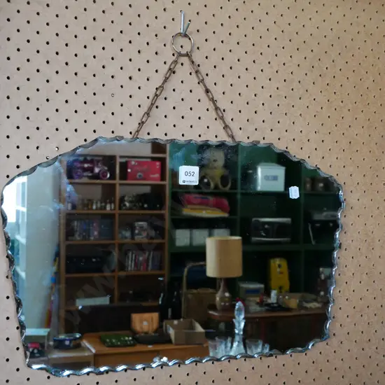 scalloped edge wall mirror - some silvering and rusting to chain