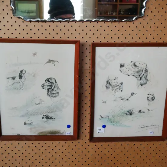 2x framed prints - duck dogs - blue dots
