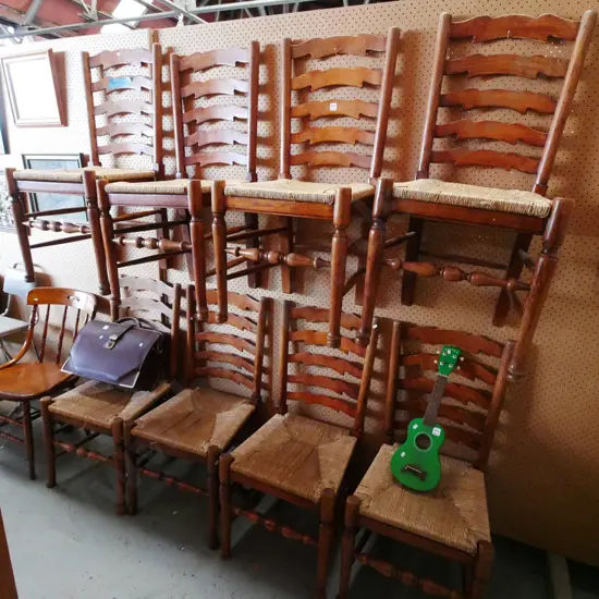 8x oak ladder back seagrass dining chairs - some damage