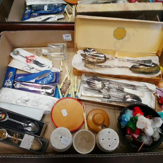 box; souvenir teaspoons, cutlery, corn forks, salt, pepper etc