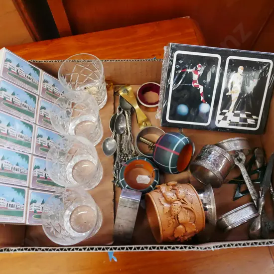 box; matches, whisky tumblers etc