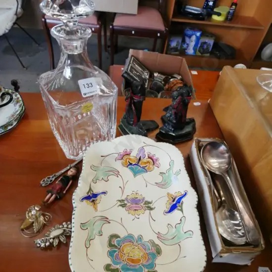 hand painted tray, serving spoons, door stops, crystal decanter etc