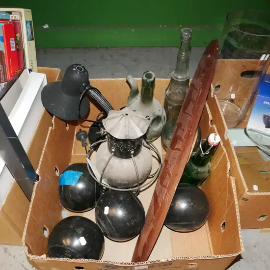 box; bottles, lawn bowls, carved souvenir ware etc