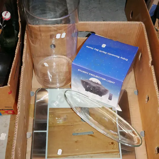 box; bathroom scales, tall glass vase, projector light etc
