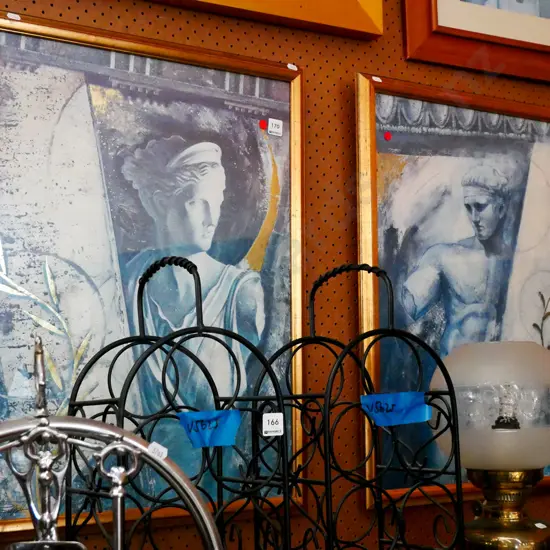 2x framed classical statue prints - red dots