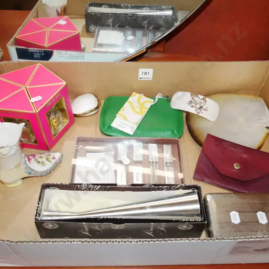 box; various perfumes, pewter vase, change purse etc