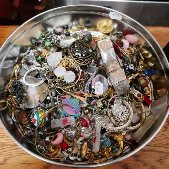 biscuit tin, costume jewellery