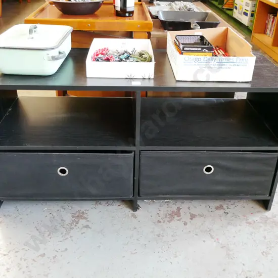 dark stained entertainment with 2 storage canvas baskets H-470 W-960 W-410