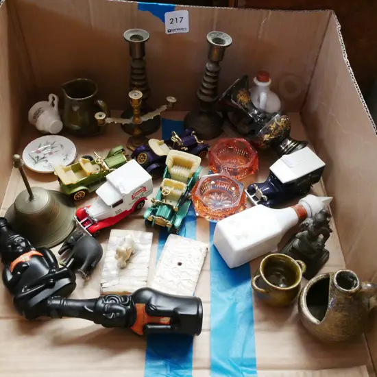 box; model vehicles, vases, brass ware etc