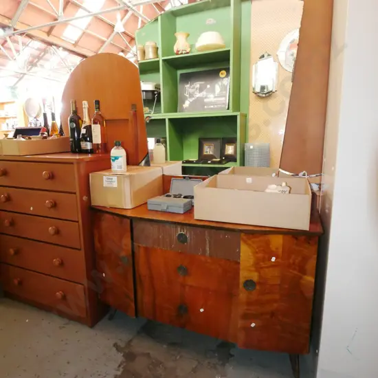 deco 3 drawer 2 door mirror back dresser - some silvering H-1670 W-1070 D-450