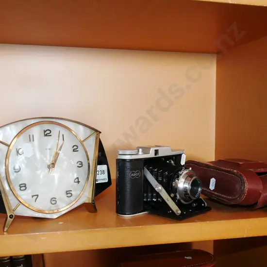 retro Metamec mantle clock, 35mm concertina camera