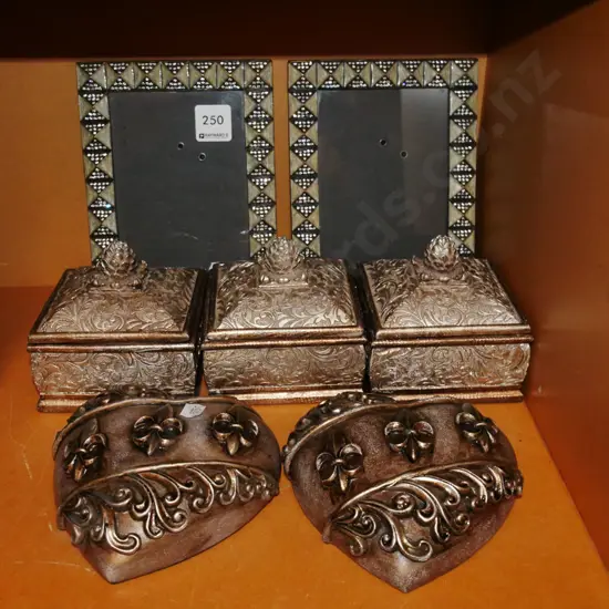 ornate lidded trinket boxes, 2 fleur de lis heart themed wall art, 2x ornate picture frames