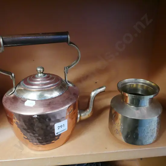 copper kettle, brass vase