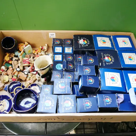 box; collectable miniature bears, figurines, Limoges miniatures, toby jug etc