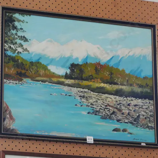 framed oil on board - river and mountain