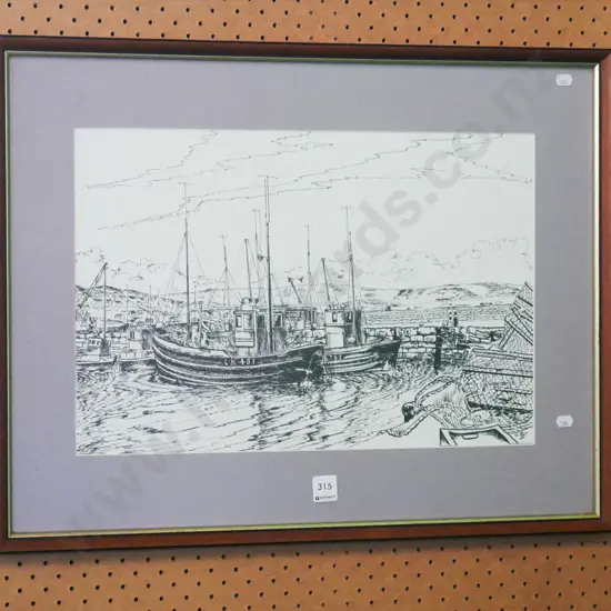 framed ink - fishing boats at wharf