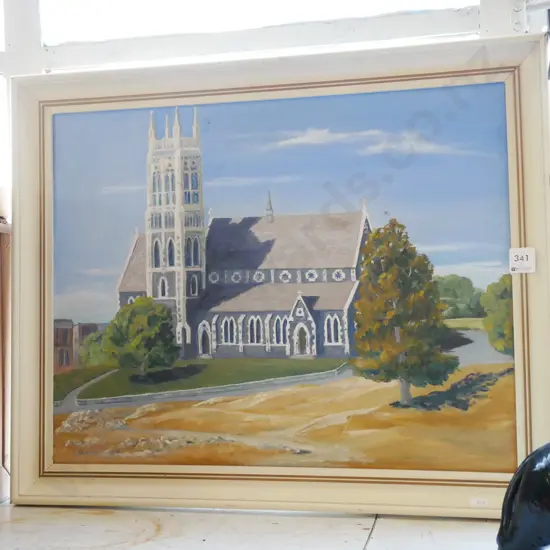 framed oil - church