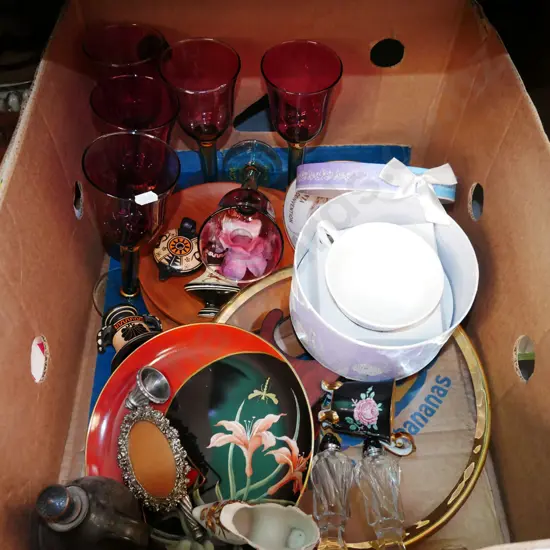 box; glass goblets, cake plates, boxed tea cup etc