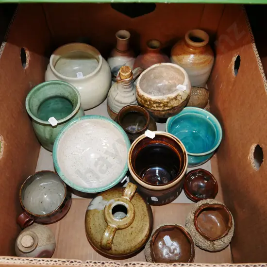 box; studio pottery bottles, bowls etc