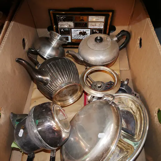 box; plated ware, trays, tea pots etc