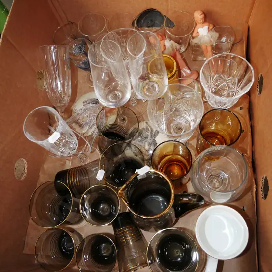 box; crystal wine goblets, smoked glass water set etc