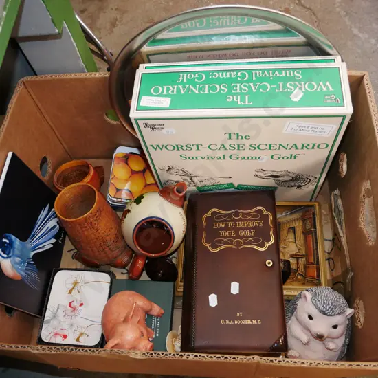 box; golf survival game, teapot, pig figurine etc