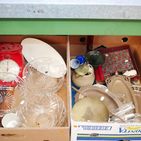 2 boxes crystal bowls, kitchen scales, brass and plated ware etc - orange dots