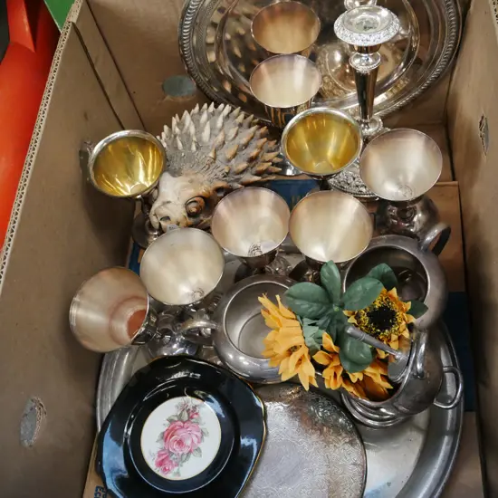 box; plated trays, candlesticks, hedgehog ornament