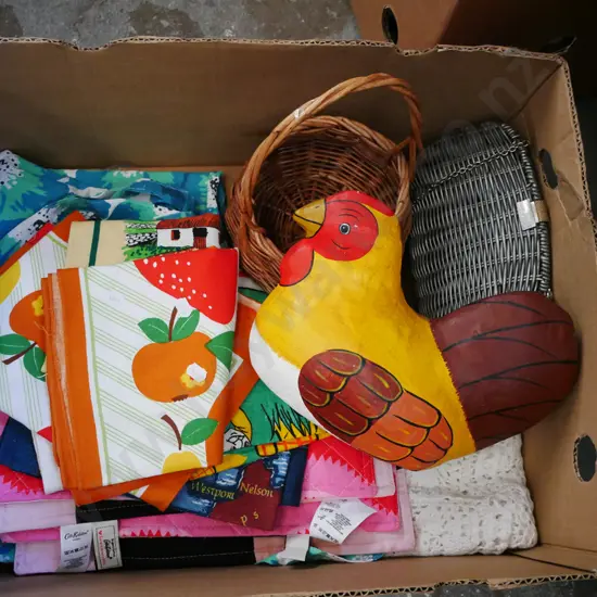 box; tea towels, paper mache hen, baskets etc