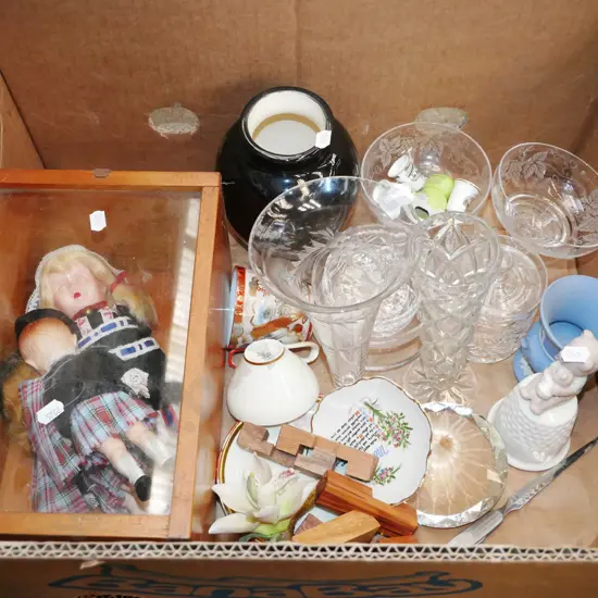 box; crystal vases, dolls, comports etc
