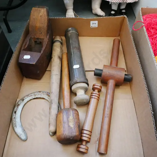 box; horse shoe, mallet, part wooden plane etc