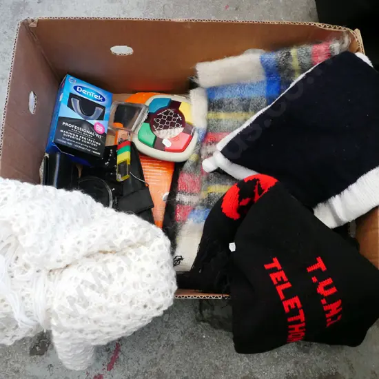 box; electronic game, clutch purse, scarves etc