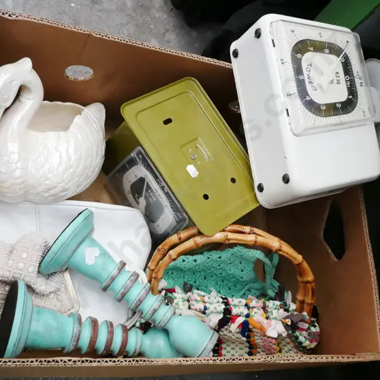 box; part kitchen scales, candlestick etc