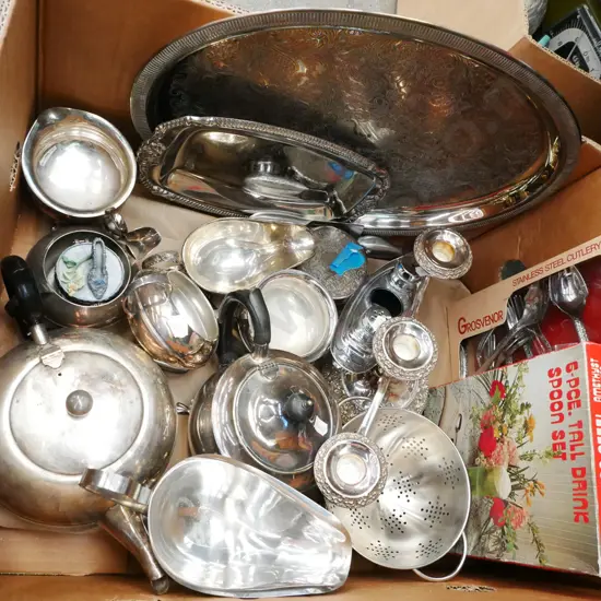 box; plated ware, cutlery