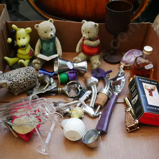 box; spirit miniatures,  bears, bottle opener etc